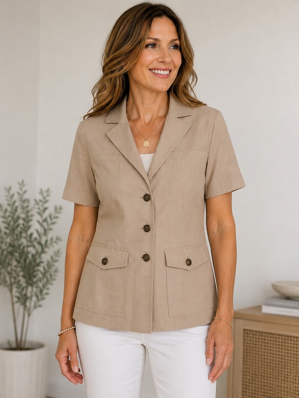AKRIS Punto Women's Safari Jacket Size 12 Beige Cotton Stretch Short Sleeve